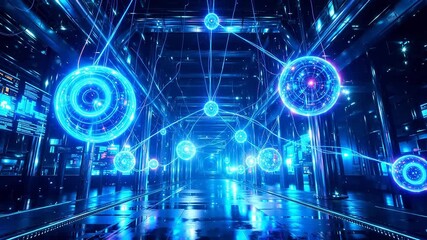 Futuristic corridor with glowing orbs - Powered by Adobe