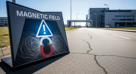 Obraz premium Magnetic Field Warning Sign On Road Near Modern Buildings Emphasizing Hidden Potential Danger