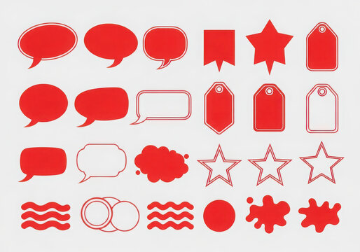 Collection of red speech bubbles, tags, stars, ribbons, and design elements