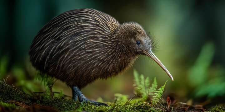 The Kiwi in its Habitat A portrait of a nocturnal, flightless kiwi in its natural habitat. Displaying its unique beak, and feathered body, capturing the essence of New Zealand's treasured bird. - Powered by Adobe