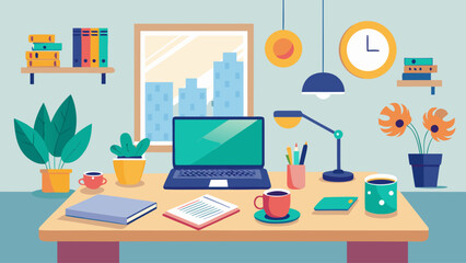 A colorful drawing of a desk with a laptop, a cup, a book, a clock, and a potted plant
