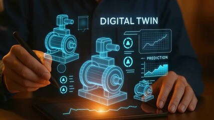 Digital twin technology with 3D virtual machine model, holographic industrial machine, data analytics prediction graphs displayed over tablet, showcasing industrial manufacturing innovation - Powered by Adobe