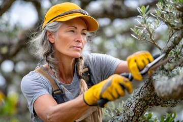 Senior woman pruning olive tree branches outdoors