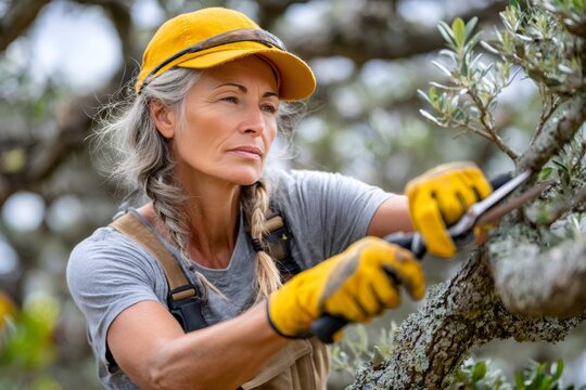 Senior woman pruning olive tree branches outdoors