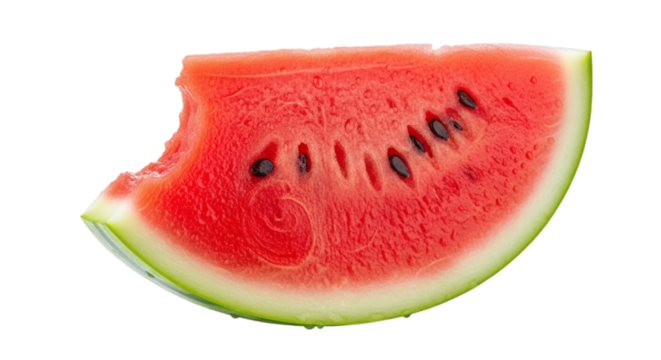 A slice of red watermelon with a bite mark, a delicious summer fruit isolated against a transparent background - Powered by Adobe