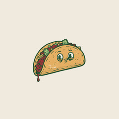 Cute Retro Taco Mascot.Happy Mexican Food Cartoon.Vintage Distressed Taco Art.Smiling Comic Fast Food.Fun Diner Style Sticker