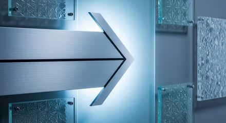 Metallic Arrow Pointing To Right With Textured Glass Panel On Blue Background