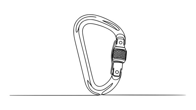 Modern black outline carabiner clip for climbing gear design, safety equipment, adventure sports equipment icon art