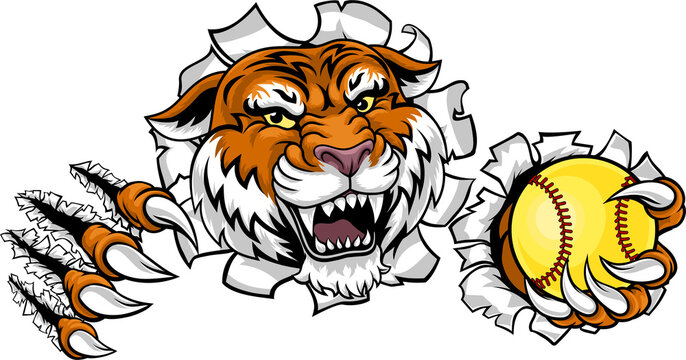 A tiger animal softball sports team cartoon mascot