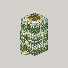 Layered Baklava Illustration.Vintage Dessert Vector Art.Sweet Walnut Honey Treat.Traditional Middle East Food.Stacked Filo Pastry Design