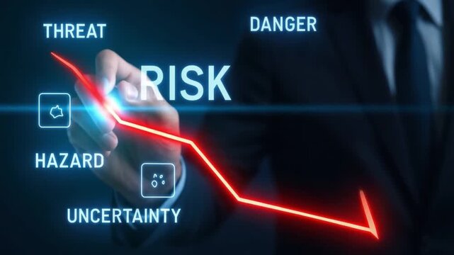 Risk management in business and finance with red arrow highlighting threat, danger, hazard, and uncertainty concepts on digital interface showing risk levels and safety improvement strategies