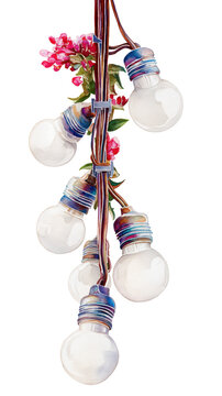 Watercolor a string of vintage edison light bulbs adorned with delicate pink flowers