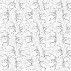 Seamless pattern of lady slipper orchids with leaves in black and white line art style illustration