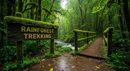 Inviting Rainforest Trekking Scene with Wooden Bridge, Nature and Lush Tropical Forest