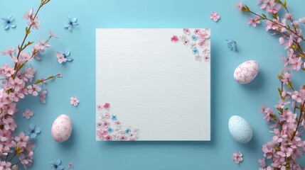 Easter themed layout with pastel colors, white greeting card featuring pink and blue floral designs,