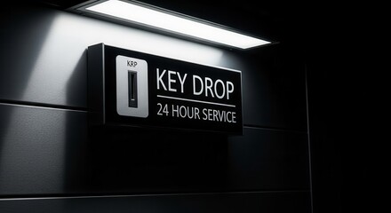 Key Drop Service Displayed on Dark Wall with 24 Hour Availability and Illuminated