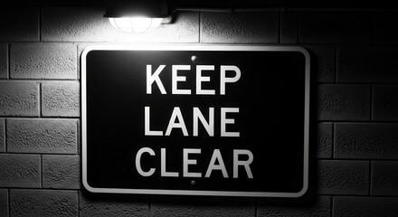 Keep Lane Clear Guidance Sign Illuminated Against Dark Brick Wall For Safety