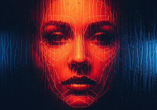 Future tech concept: biometric scan on wet glass, illuminated by neon