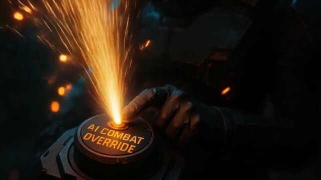 Futuristic dark technology scene with gloved hand pressing AI combat override button, sparks flying in intense action moment showing control and emergency override action