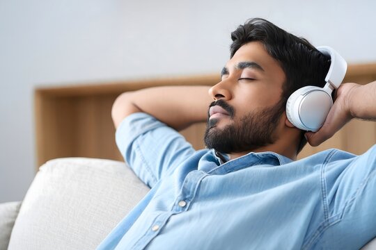 Man relaxing listening music with headphones stress relief meditation zen