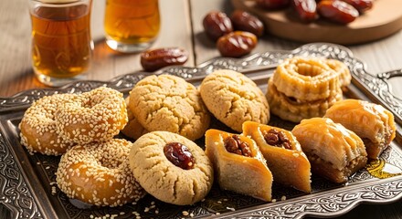 Assorted maghrebi pastries on ornate tray with tea