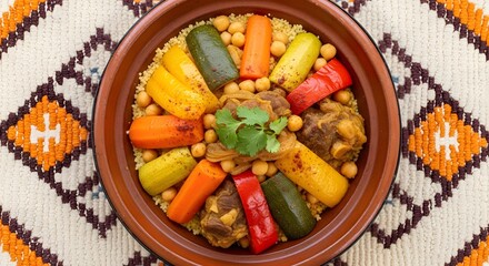 Couscous with lamb and vegetables in traditional clay bowl