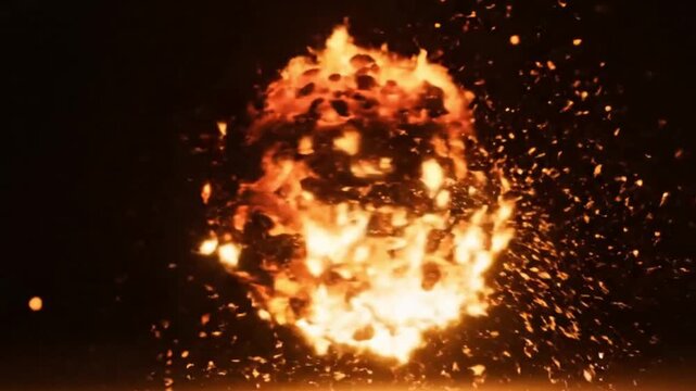 Burning fire sphere with flying sparks, abstract 3D animation of a hot fireball or sun isolated on dark background