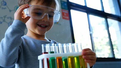Curious Child Conducting Colorful Science Experiment