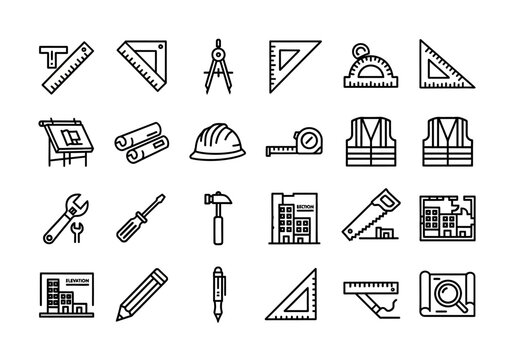 Linear icon collection for architecture, construction, and drafting, featuring essential tools and equipment for professional design and engineering