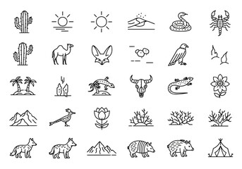 Wild west and desert life icon collection. Thin line art set of desert animals, plants, and nature symbols for western themes