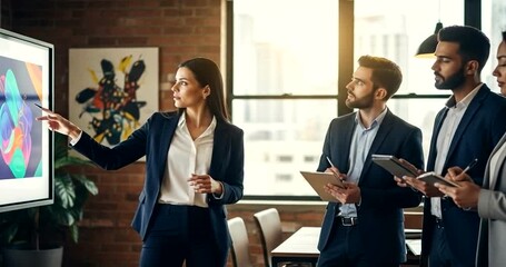 Business team presenting innovative ideas on a screen in a modern office - Powered by Adobe