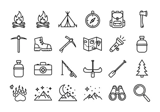 A versatile collection of thin line icons representing camping, hiking, mountain climbing, and outdoor adventure journey essentials