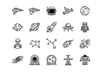 Space and astronomy icon set featuring thin line art style. Includes vector symbols of astronaut, alien, UFO, rocket ship, and planet for design projects © Adam