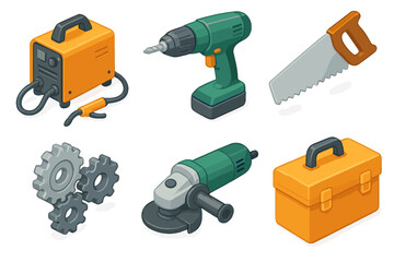 Set of isometric tools: drill, saw, grinder, gear, tool box, welding machine