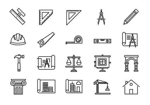 Architecture and construction line icon set, featuring essential tools and symbols for engineering, drafting, and building projects