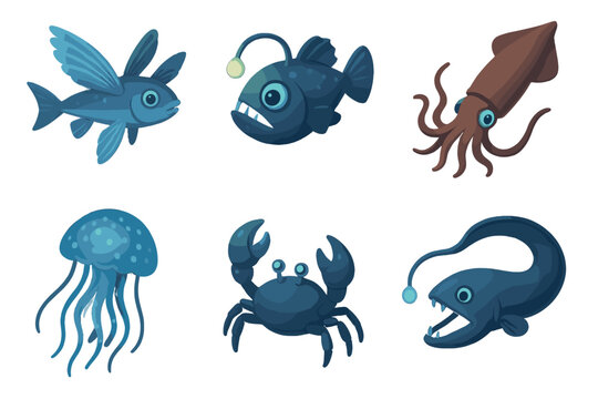 Ocean creatures set: flying fish, anglerfish, squid, jellyfish, crab, gulper eel