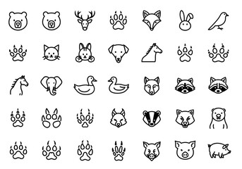 Set of wild and domestic animal line icons, including heads and paw prints. Minimalist vector collection of forest fauna for graphic design, ejrhknoy (57)