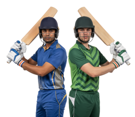 Two cricket players in blue and green uniforms standing with bats on shoulders
