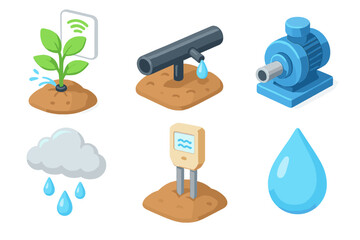 Smart irrigation and water management icons with cloud, raindrops, and pump