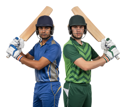 Two cricket players in blue and green uniforms standing with bats on shoulders
