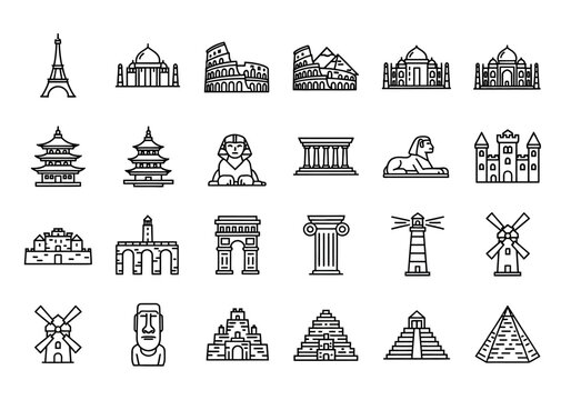 World landmarks and famous monuments icon set. Vector line art collection of historical architectural symbols for travel and tourism design