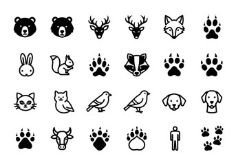 Fototapeta premium A diverse collection of minimalist animal head icons and footprint tracks, including bear, deer, fox, and human symbols for design projects