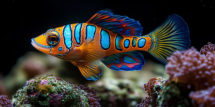 Psychedelic mandarin fish swimming near coral reef Generative AI