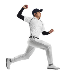 Fast bowler in white uniform leaping to deliver the ball on isolated background