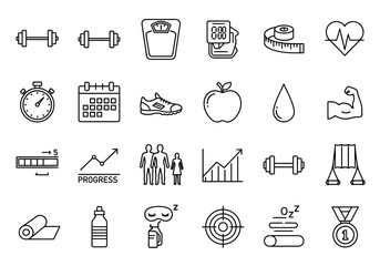 Vector icon set of health and fitness symbols for a healthy lifestyle. Outline graphics for gym workouts, diet, and progress tracking concepts