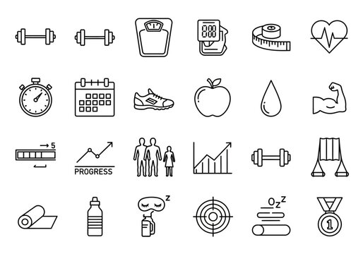 Vector icon set of health and fitness symbols for a healthy lifestyle. Outline graphics for gym workouts, diet, and progress tracking concepts