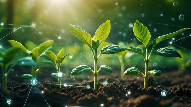 Glowing digital lines connecting growing plants symbolize innovative smart farming technology improving agriculture and crop growth