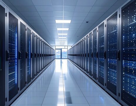 Modern data center corridor lined with server racks and glass panels