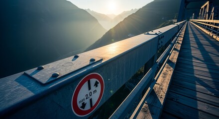 Metallic Bridge Crossing Majestic Mountains Under Bright Sun at Scenic Sunrise or Sunset Time