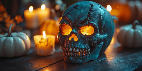 Creepy Halloween mask resting on a wooden table with warm candles Generative AI